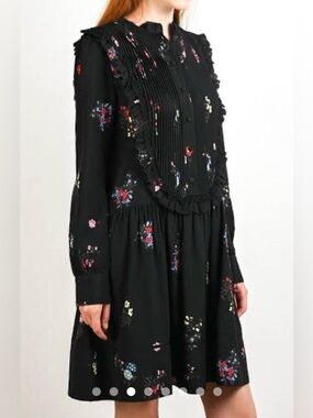 Erdem X H&M Black Floral Pleated Pin Tuck Front Button Dress Size 10